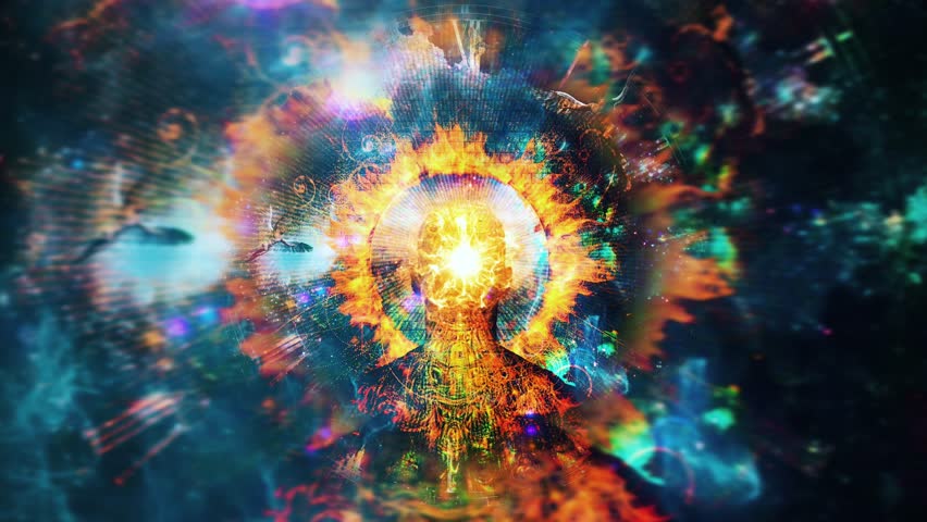 Through eternity. Angels soars in space. Man with ring of fire around head. Animated 4K video Royalty-Free Stock Footage #1099877407