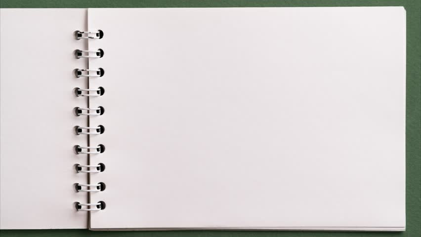Flat lay of open blank empty spiral sketchbook notebook notepad with ring binder. Pages turning endless. Art, drawing, creativity, education, paper, memory, message, notes, information. Stop motion. Royalty-Free Stock Footage #1099878755