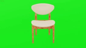 3D wooden chair rotating on green screen or chroma key. Stylish fabric chair with wooden legs rotating on green background. 3D modern wooden chair animation. 4K 3D animation