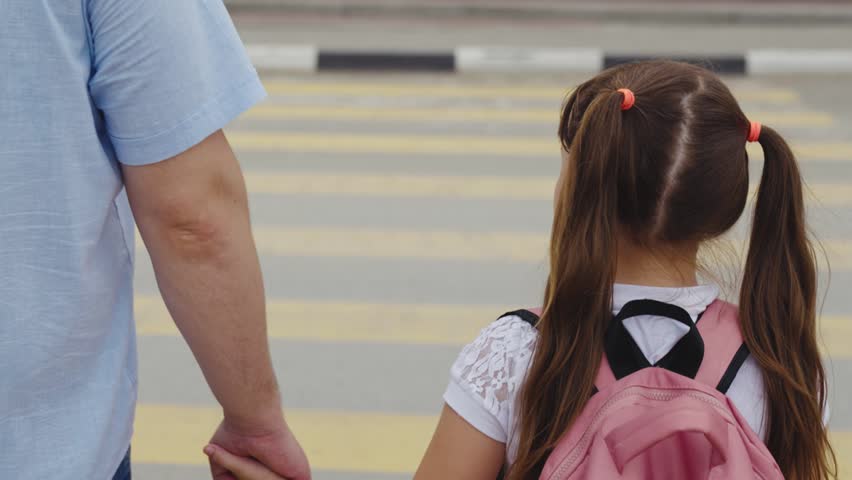 Child girl daughter holding father hand going through pedestrian crossing school. schoolgirl girl backpack crosses road with father according rules road. dad with child walks along zebra.