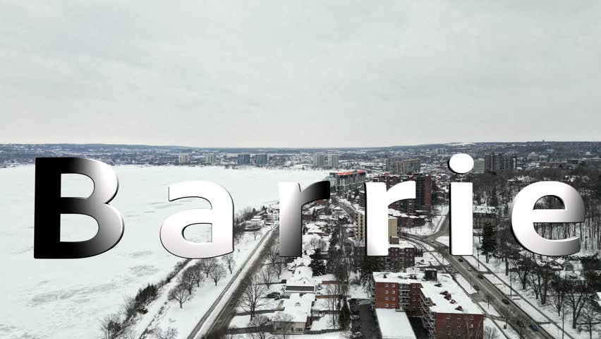 Barrie Ontario downtown snowing next to lake simcoe  Barrie text in a 3d motion graphic 