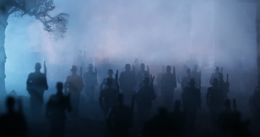 War Concept. Military silhouettes fighting scene on war fog sky background, World War Soldiers Silhouette Below Cloudy Skyline At night. Battle in ruined city. Selective focus