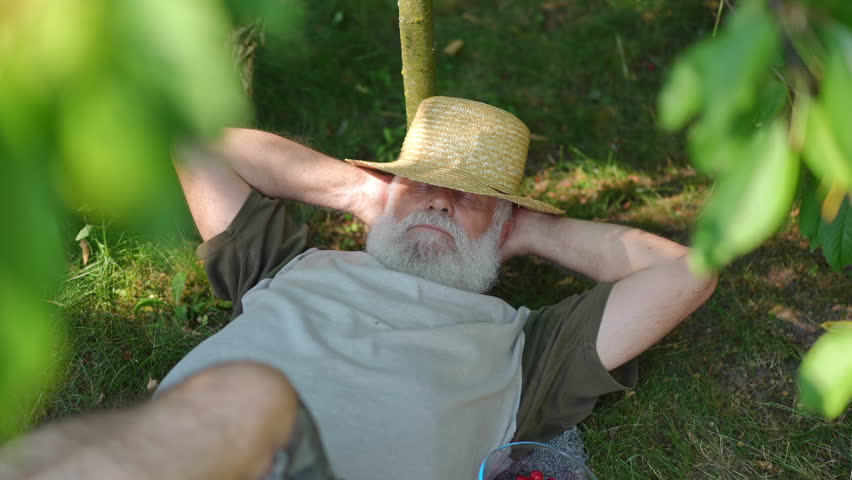 High angle view of carefree relaxed senior man in straw hat with closed eyes sleeping in summer spring garden. Happy Caucasian old gardener taking a nap outdoors on sunny day. Slow motion Royalty-Free Stock Footage #1099885267