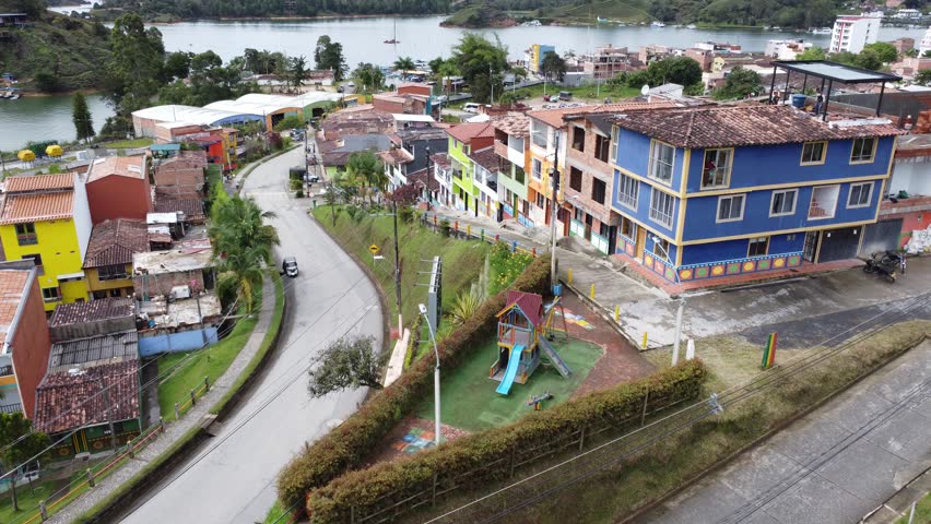 View of the Guatape town from the drone, Antioquia, Colombia	