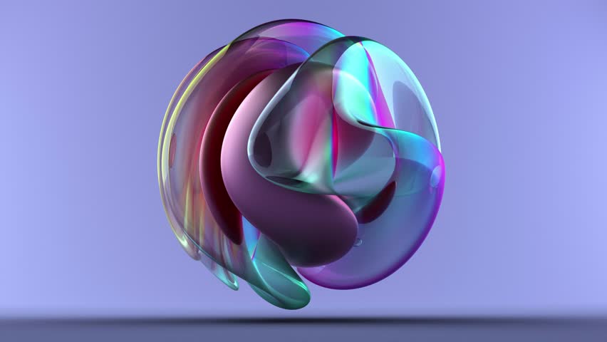 3d render of abstract art video animation with surreal flying ball or sphere in deformation process with translucent plastic parts in yellow blue and purple color with metal core inside on violet back Royalty-Free Stock Footage #1099889955