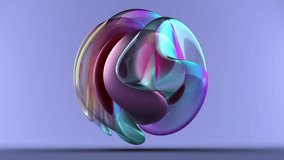 3d render of abstract art video animation with surreal flying ball or sphere in deformation process with translucent plastic parts in yellow blue and purple color with metal core inside on violet back