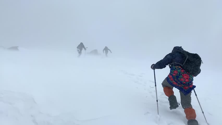 A group of tourists climbs uphill in a heavy snowstorm. Climbers with small backpacks and trekking poles walk along a snowy slope in a strong wind. Journey through the mountains of Kyrgyzstan. Royalty-Free Stock Footage #1099891753