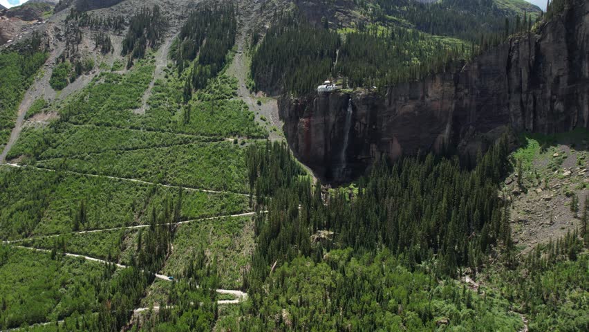 Aerial View of Windy Trail Under Bridal Veil Falls, Telluride Colorado USA Drone Shot