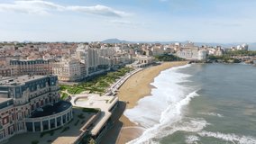 Aerial video of Biarritz, a famous surf town in France on the Atlantic Ocean. 4k quality video.
