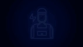 Glowing neon line Electrician technician engineer icon isolated on black background. 4K Video motion graphic animation.