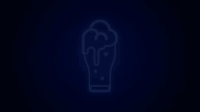 Glowing neon line Glass of beer icon isolated on black background. 4K Video motion graphic animation.