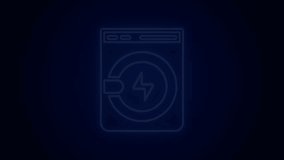 Glowing neon line Washer icon isolated on black background. Washing machine icon. Clothes washer - laundry machine. Home appliance symbol. 4K Video motion graphic animation.