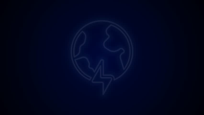 Glowing neon line Global energy power planet with flash thunderbolt icon isolated on black background. Ecology concept and environmental. 4K Video motion graphic animation.