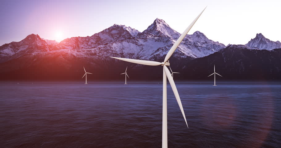 Wind turbine farm generating clean energy from the wind in the ocean. Technology and energy related 3d concept animation. | Shutterstock HD Video #1099916145