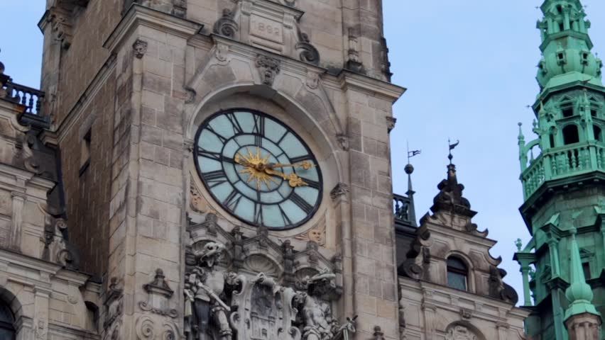 Liberec Town Hall in the town of Liberec, Czech Republic. Neo-Renaissance building. Close up clocks Full HD footage cathedral, church in the middle of the square in the center of the city Liberec. 