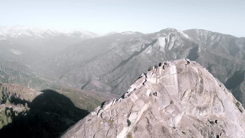 Aerial drone view of Moro Rock and staircase in the giant forest of Sequoia National Park, California