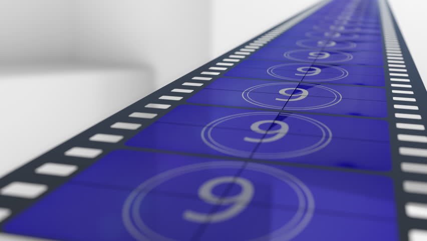 Blue film strip with countdown frames moving to the cinema camera on the white background. 3d animation of the old filmstrip with retro film. Splash intro for tv show, documentary or filmmaking vlog.