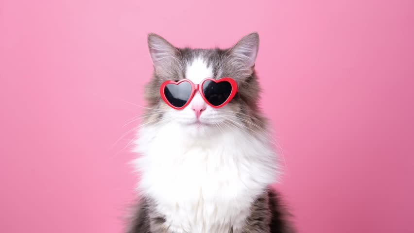 Cute funny cat in red heart shaped sunglasses sits on a pink background. Postcard with cat with space for text. Concept Valentine's Day, wedding, women's day, birthday Royalty-Free Stock Footage #1099918417