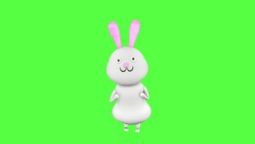 3D character of a cute rabbit funny jumping on a green screen background. 3D animation.