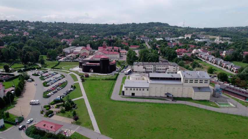 Wieliczka, Lesser Poland. Salt mine, graduation tower, railway station and other popular buildings and architecture on a sunny day in Wieliczka.