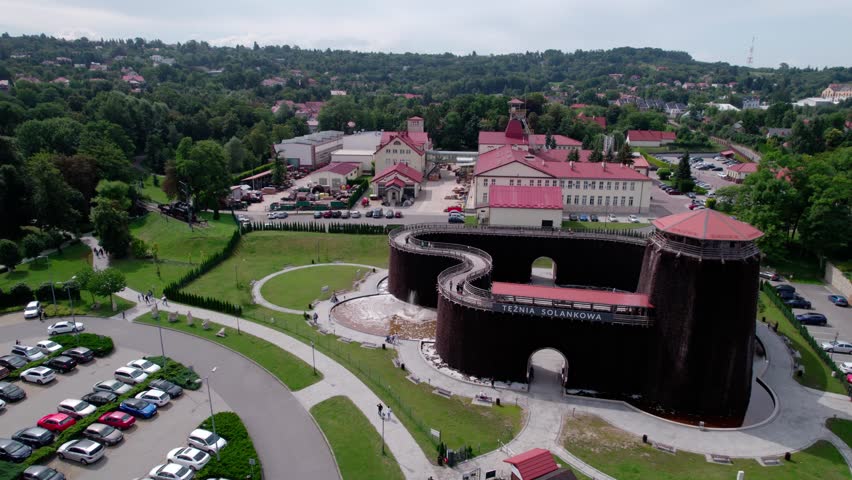 Wieliczka, Lesser Poland. Salt mine, graduation tower, railway station and other popular buildings and architecture on a sunny day in Wieliczka.