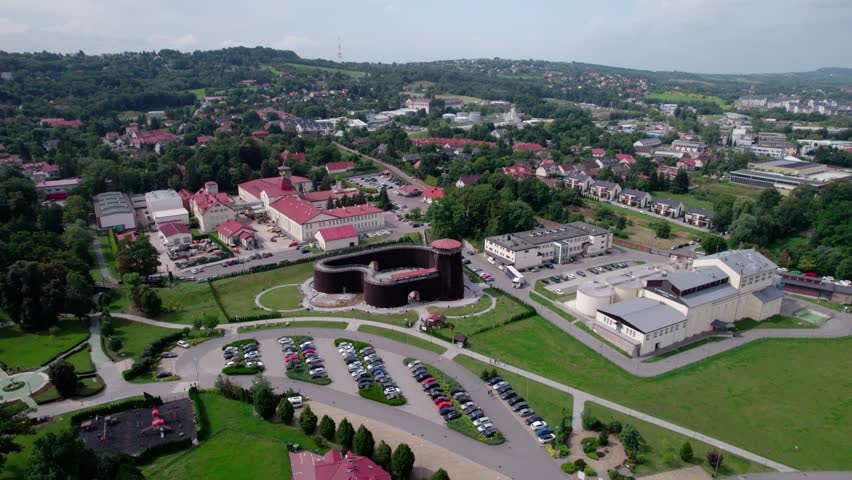 Wieliczka, Lesser Poland. Salt mine, graduation tower, railway station and other popular buildings and architecture on a sunny day in Wieliczka.