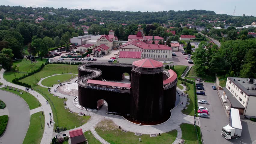 Wieliczka, Lesser Poland. Salt mine, graduation tower, railway station and other popular buildings and architecture on a sunny day in Wieliczka.