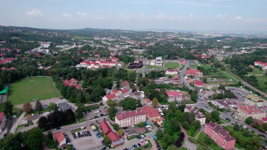 Wieliczka, Lesser Poland. Salt mine, graduation tower, railway station and other popular buildings and architecture on a sunny day in Wieliczka.