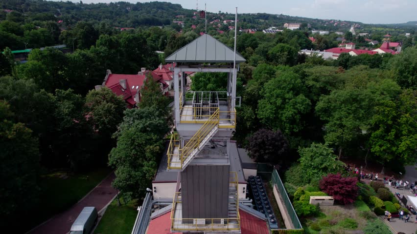 Wieliczka, Lesser Poland. Salt mine, graduation tower, railway station and other popular buildings and architecture on a sunny day in Wieliczka.