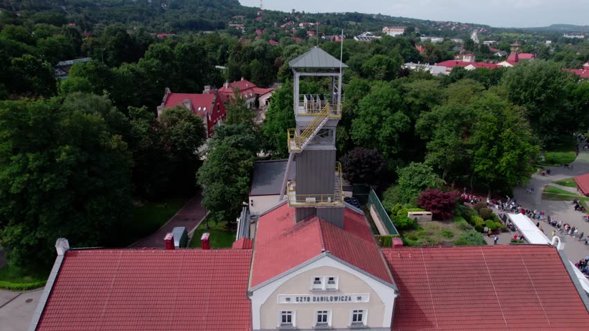 Wieliczka, Lesser Poland. Salt mine, graduation tower, railway station and other popular buildings and architecture on a sunny day in Wieliczka.