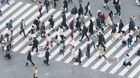 Crowded Japanese people, Asian traveler walk cross road at Shibuya scramble crossing. Tokyo tourist attraction, Japan tourism, Asia transport, commuter transportation or city life concept. Slow motion วิดีโอสต็อก