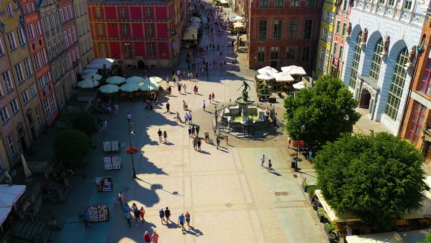 Aerial view of the Neptune Fountain in the old town of Gdansk