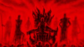 Evil bloody tyrant sits on throne surrounded by his retinue 2d animation. Dark lord is preparing to conquer world. Horror fantasy genre. Gloomy character from nightmares video clip. Vj looped movie.