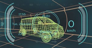 Animation of digital car interface and data processing over 3d model of car. Global engineering, digital interface, business, computing and data processing concept digitally generated video.