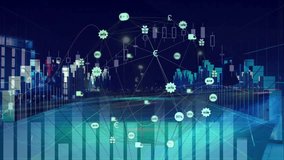 Animation of financial data processing with icons over cityscape. Global business, finances and digital interface concept digitally generated video. - Powered by Shutterstock - Get 15% off with code: PIKWIZARD15
