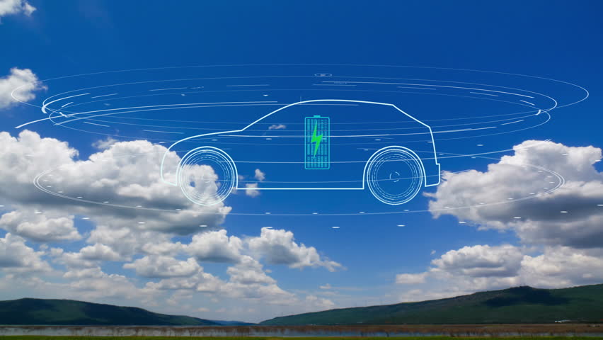 Electric vehicle car in the hologram on cloud sky time lapse with environment ecology sign hologram sustainable clean energy. | Shutterstock HD Video #1099932833