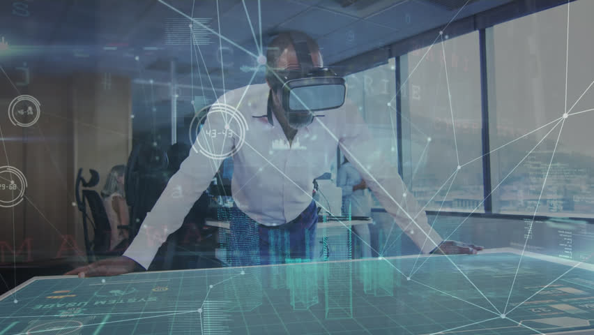 Animation of network of connections against african american businessman wearing vr headset. Global networking and business technology concept | Shutterstock HD Video #1099933237