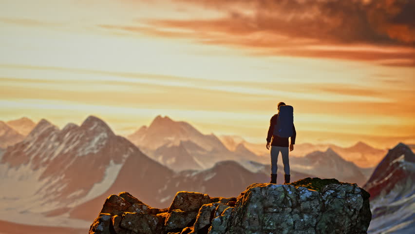 A person standing on top of a mountain with a backpack on their back and arms in the air 8 k render a stock photo new objectivity