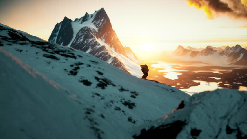 A person standing on a snow covered mountain top at sunset with a view of a lake and mountains unreal 5 computer graphics photorealism Royalty-Free Stock Footage #1099936149