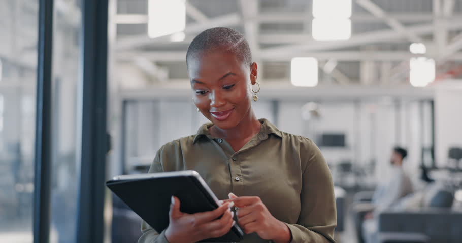 Research, analysis and black woman with a tablet for social media management at a startup. Website, contact and African employee reading information on technology for connection, email and search | Shutterstock HD Video #1099937425