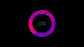 Loading circle animation  . process loading bar, gradient color rotating ring spinning with 0 to 100 load on a black background