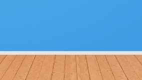 Animation of 3D stylish wooden chair falling on wooden floor with blue wall background. 3D chair fall into the room. 4K 3D animation