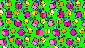 Cubes cartoon 3d four color wallpaper flying greenbox isolated. Seamless loop version on light background with horizontal stripes. Motion design infograhics elements. 