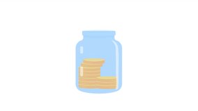 Animated jar with coins, banknotes. Retirement savings. Investment. Flat cartoon style element 4K video footage. Color illustration on white background with alpha channel transparency for animation