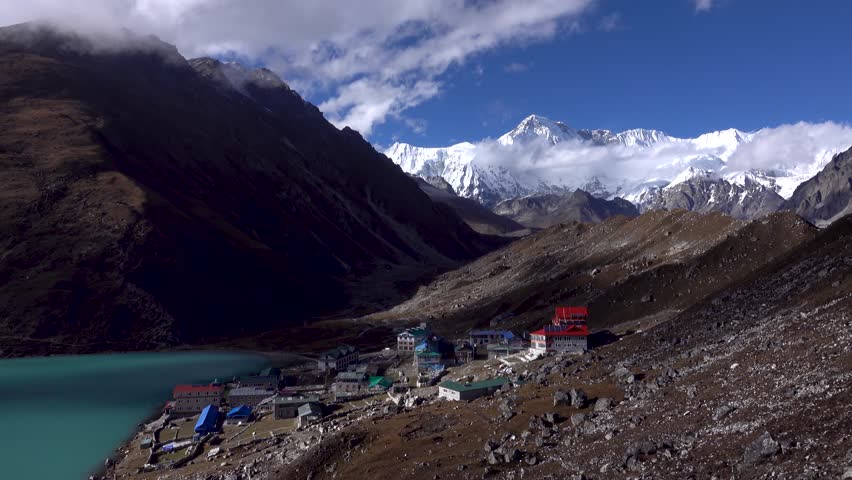 Gokyo village colorful huts with Gokyo lake 
Gokyo Ri and Cho Oyu mountain in the background, 2023

