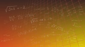 Animation of mathematical equations floating over grid network against orange gradient background. Education and business data technology concept - Powered by Shutterstock - Get 15% off with code: PIKWIZARD15