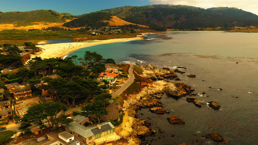 Aerial Shot Of Houses Near Beach, Drone Flying Forward Over Sea - San Francisco, California
