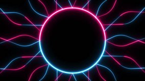 Abstract neon blue pink laser lines circle frame illuminate on black background. Seamless loop animation. 4K footage 3840x2160