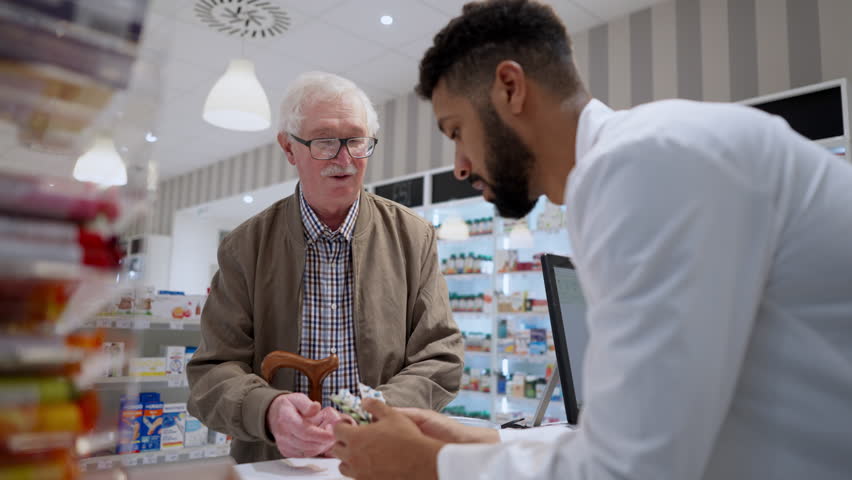 Young pharmacist explaining to customer how to dosing medication. Royalty-Free Stock Footage #1099957221