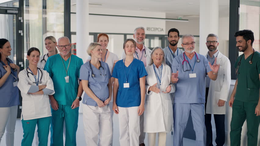 Happy doctors, nurses and other medical staff posing in hospital. Royalty-Free Stock Footage #1099957327